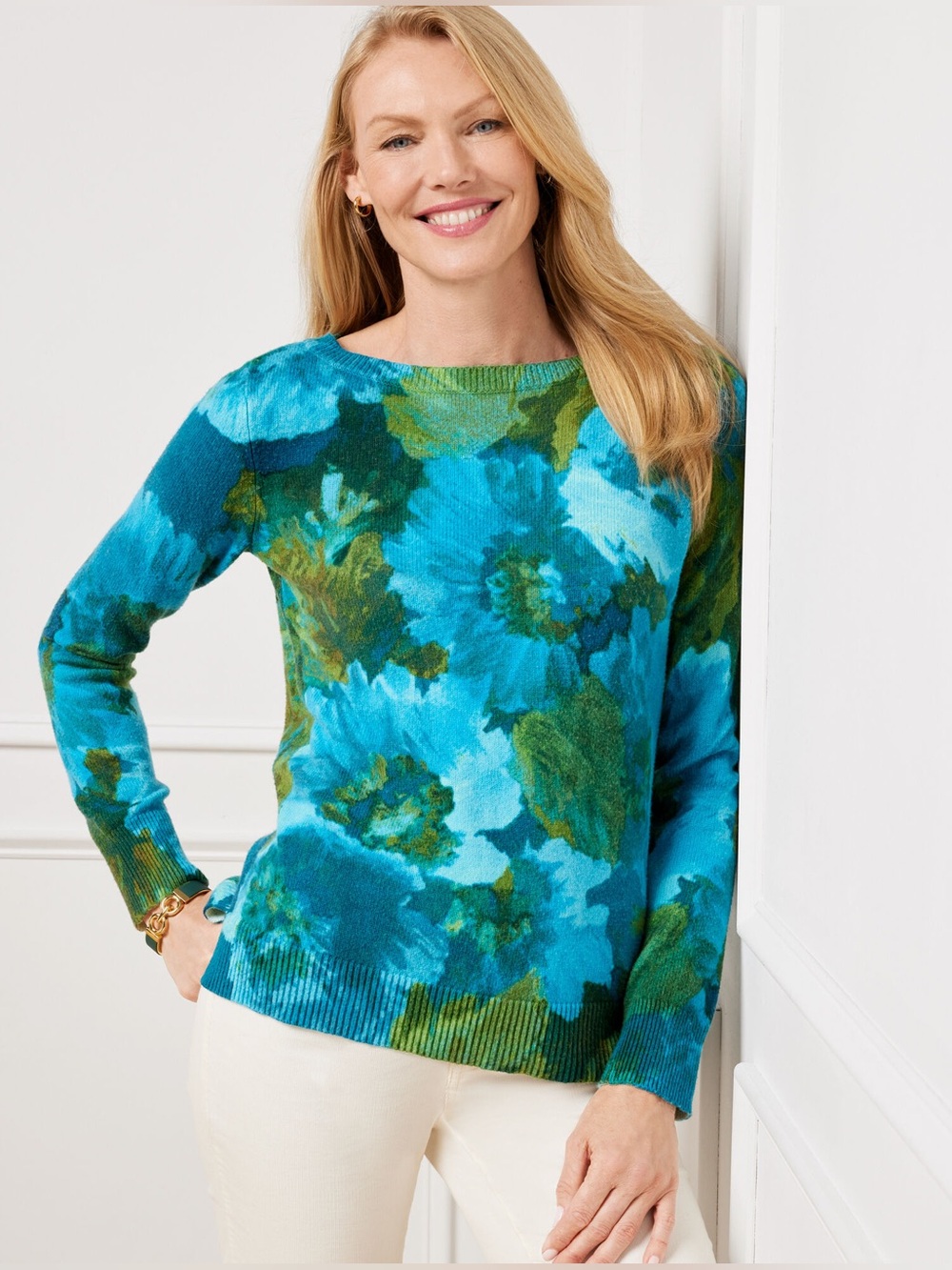 Talbots Boatneck Breathable Cotton 
Green & Blue Floral Knit Sweater Small P